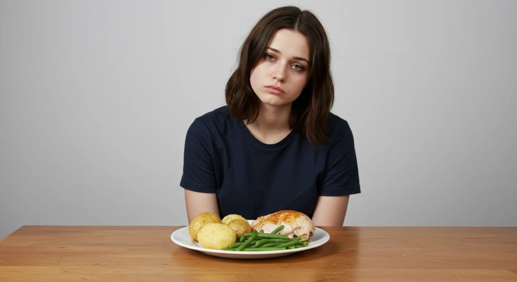 девушка сидит возле миски с едой